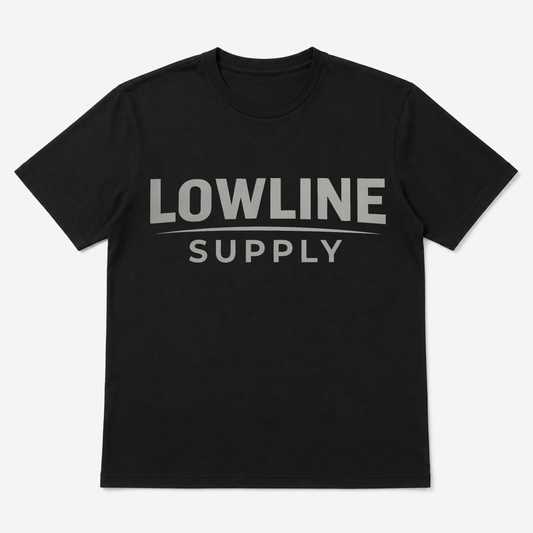 Black t-shirt with 'LOWLINE SUPPLY' text on a white background