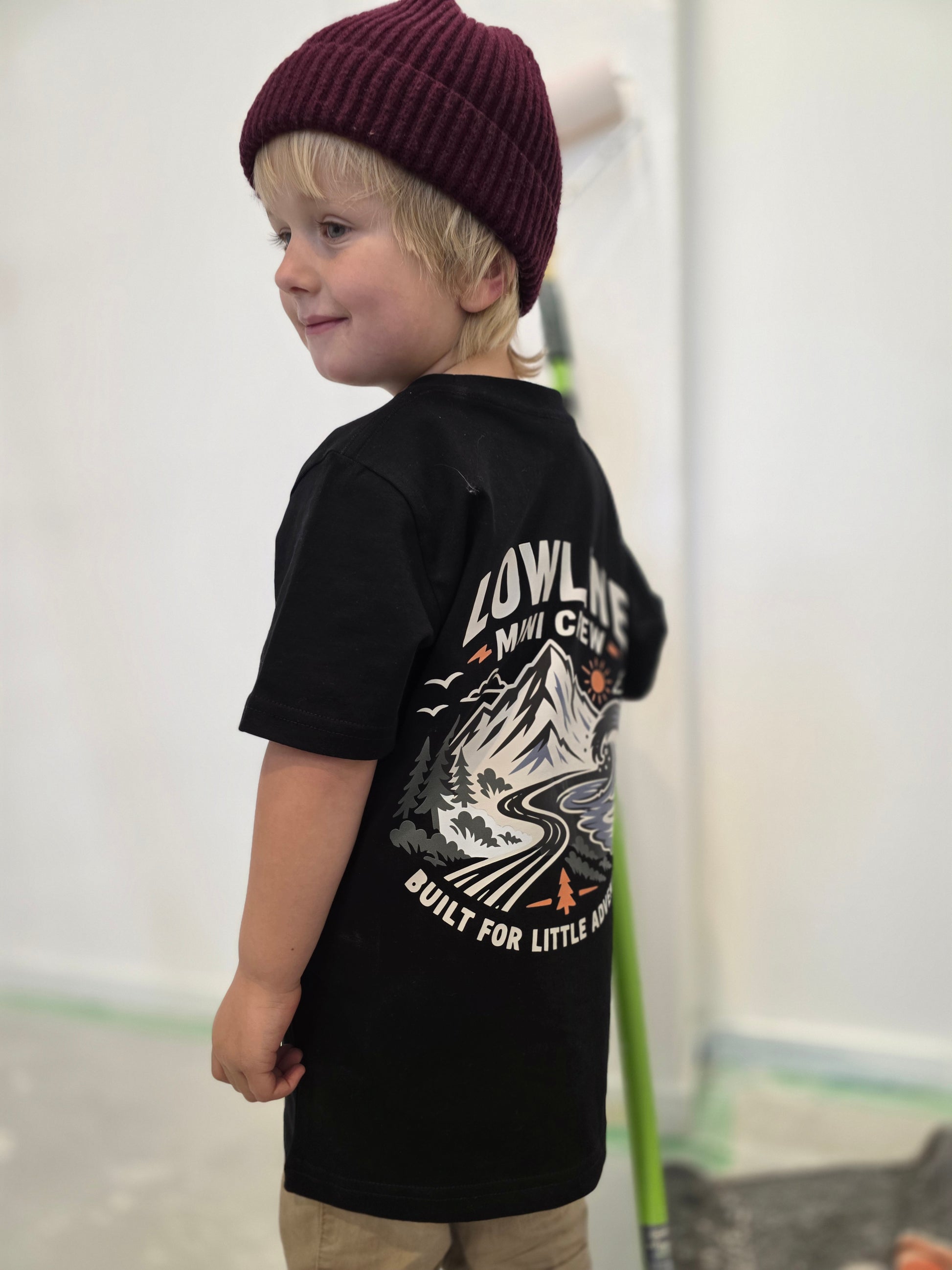 Cute kids black Mini Crew Tee – back artwork view painting