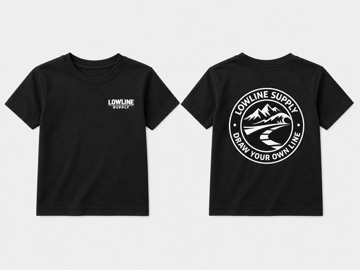 Black t-shirt with 'Lowline Supply' logo on a white background