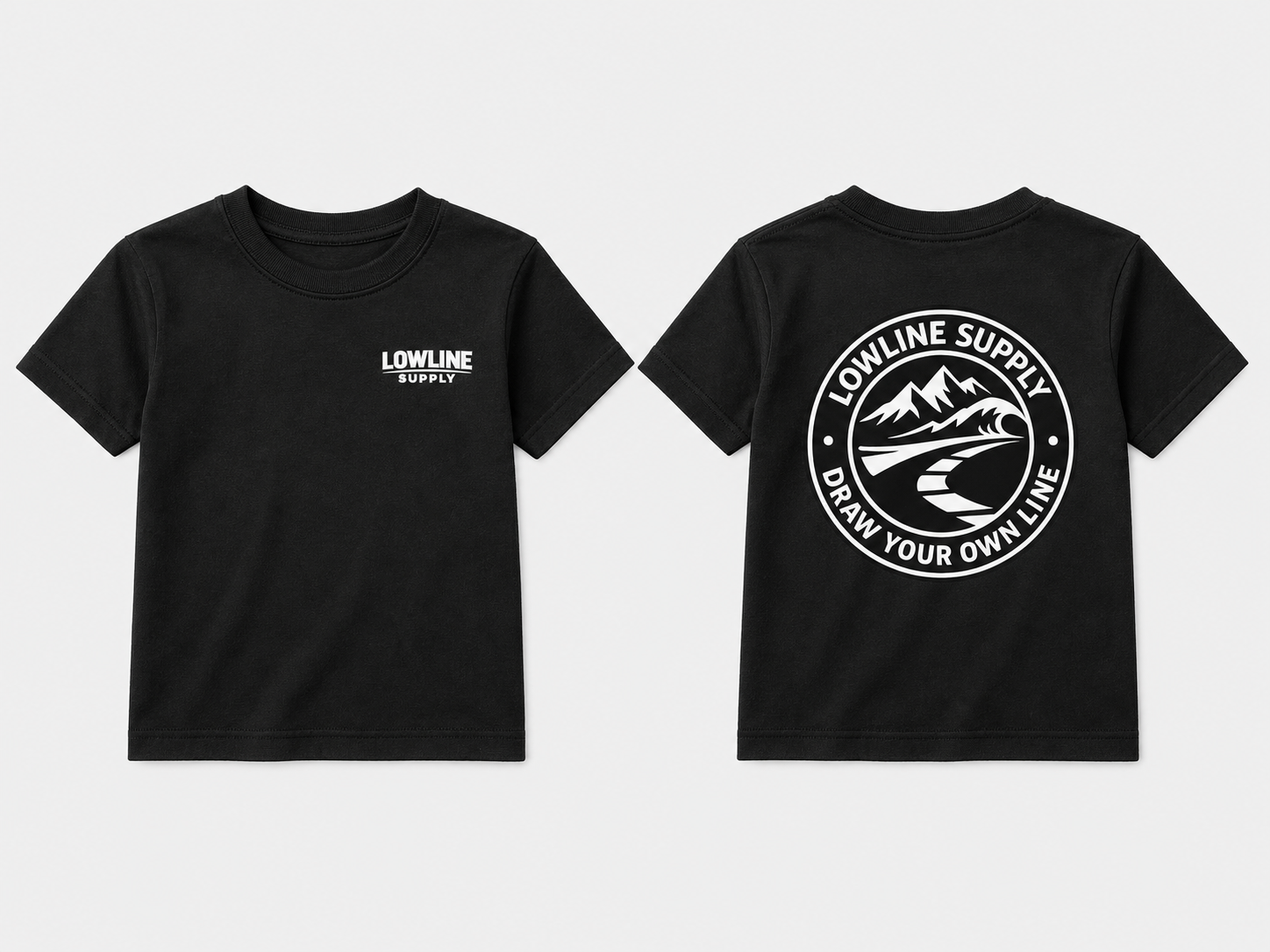 Black t-shirt with 'Lowline Supply' logo on a white background