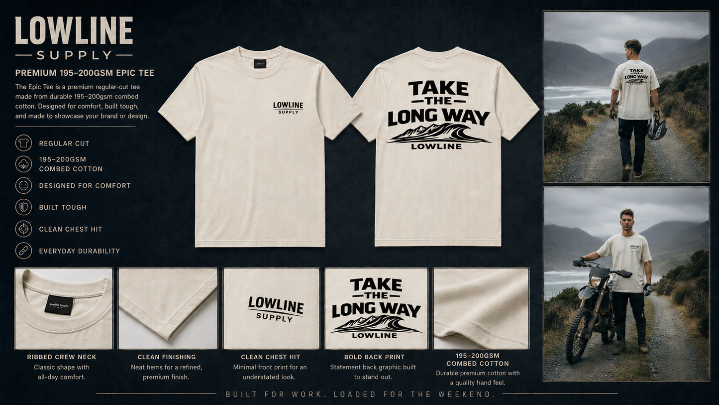 Two white t-shirts with 'Lowline Supply' branding and text, displayed with lifestyle images of a person on a bike.