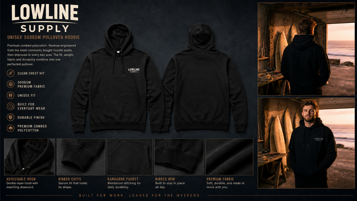 Black hoodie with brand logo, shown from front, back, and side views, with a person wearing it in a coastal setting.