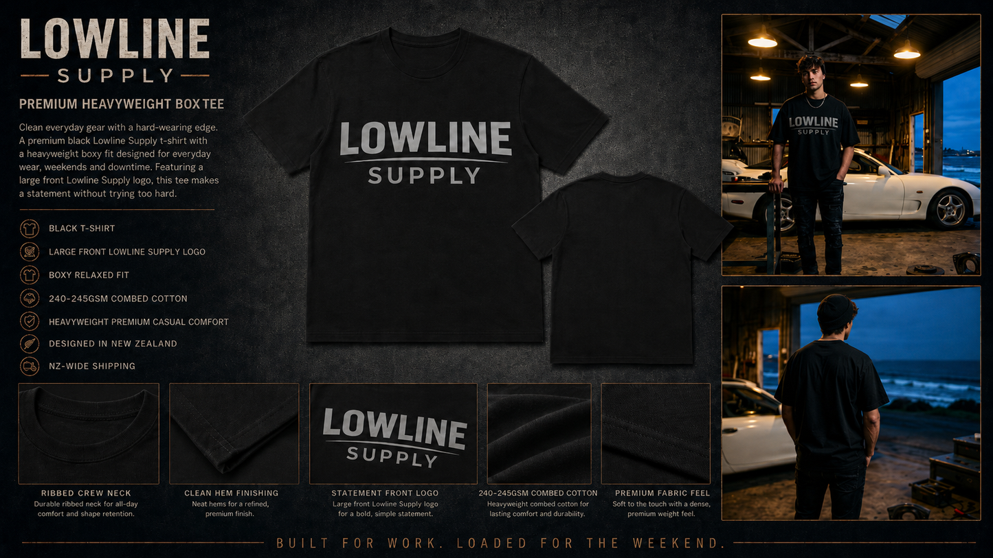 Black t-shirt with 'LOWLINE SUPPLY' branding, displayed with promotional text and images of a person wearing the shirt.