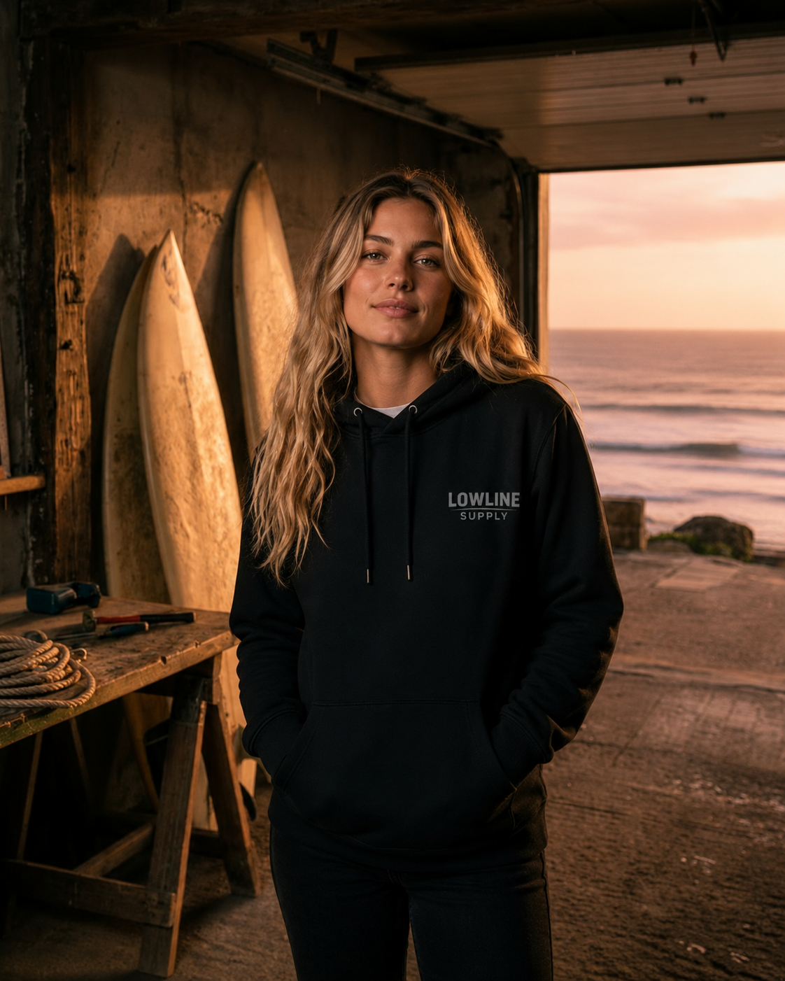 Woman wearing a black hoodie with 'Lowline' logo in a coastal setting with surfboards and sunset.
