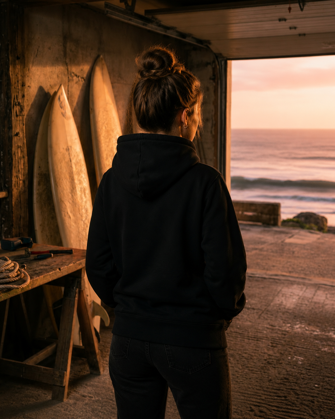 Woman standing in a shed, wearing a black hoodie looking out at the ocean during sunset.