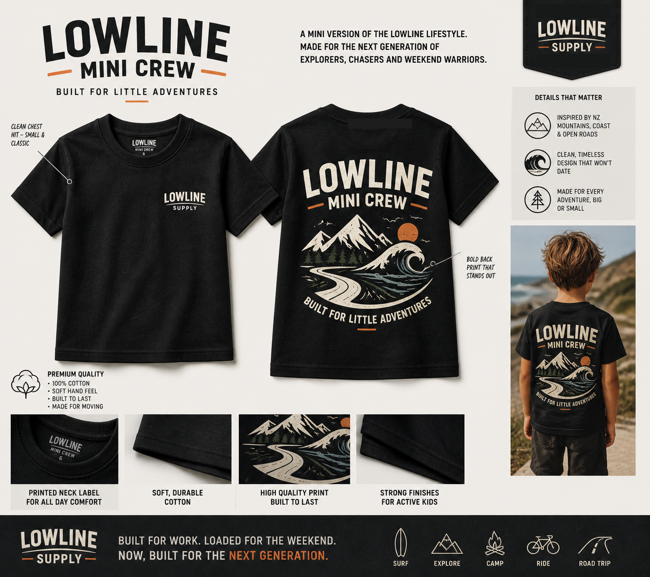 Kids black Mini Crew Tee – flat lay product shot