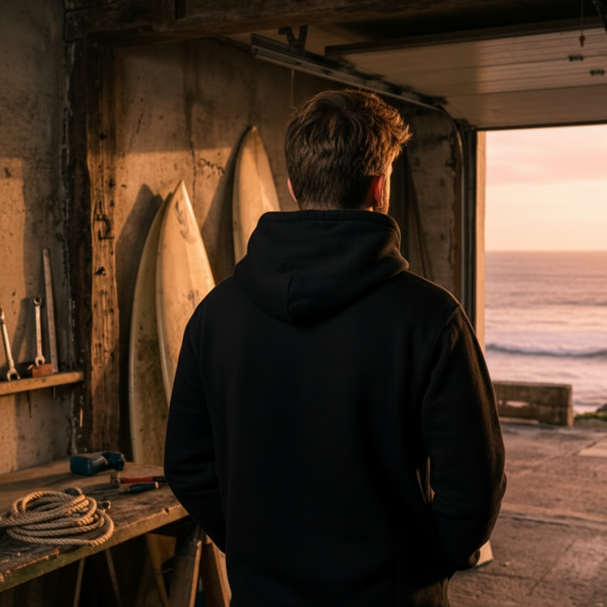Person in a dark hoodie looking out of a window with surfboards inside, overlooking an ocean view.
