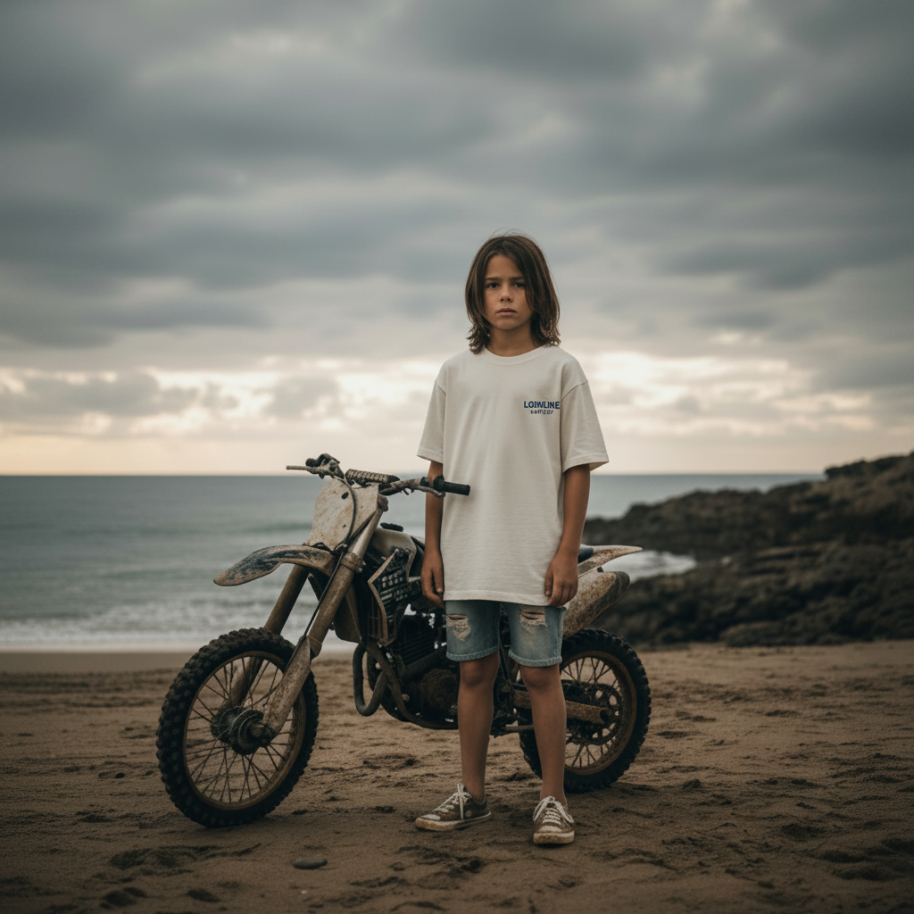 Kids off-white Mini Crew Tee – front chest logo view on beach