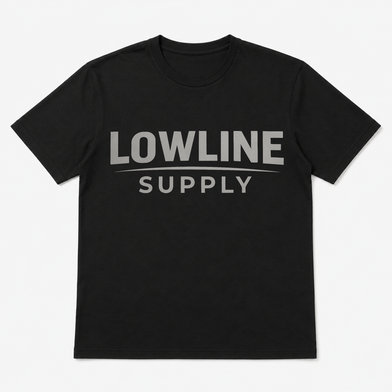Black t-shirt with 'LOWLINE SUPPLY' text on a white background