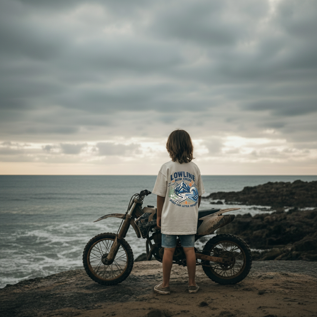 Kids off-white Mini Crew Tee – back artwork view on rocks