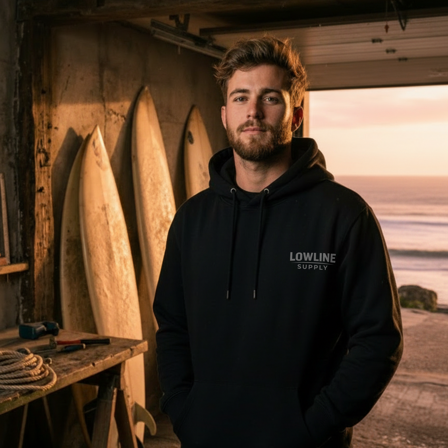 Man wearing a black hoodie with 'Lowline Supply' logo in a workshop with surfboards.